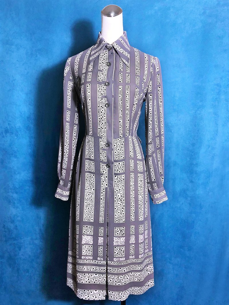 格状花朵长袖古着洋装/ 国外带回 VINTAGE - 洋装/连衣裙 - 聚酯纤维 灰色