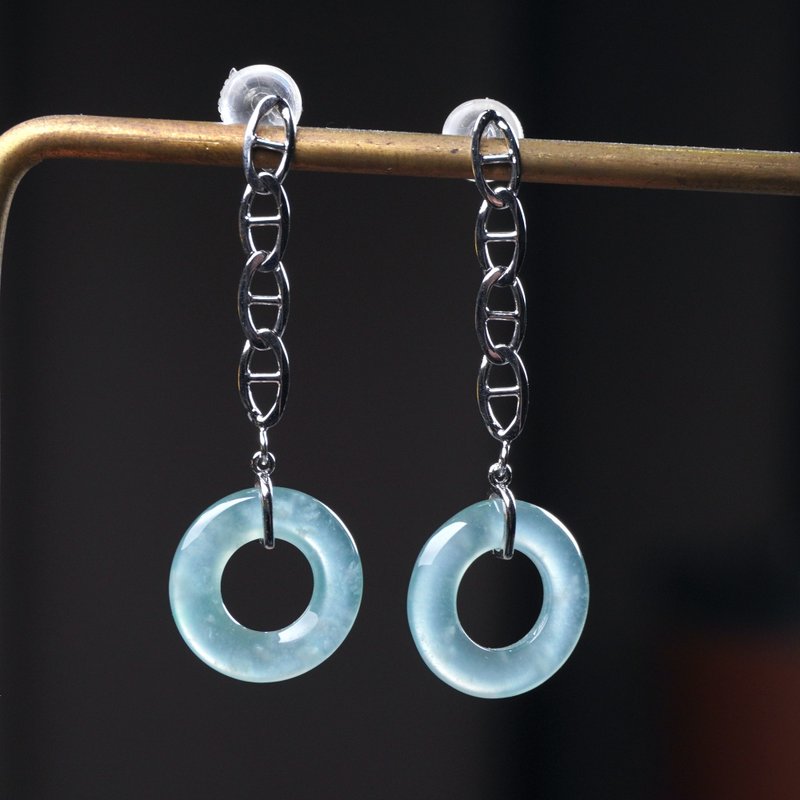 放光玻璃种蓝水翡翠甜甜圈耳环 925纯银 | 天然翡翠A货 | 送礼 - 耳环/耳夹 - 玉石 蓝色