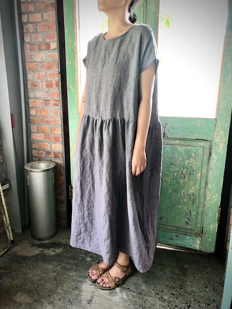 夏砂短袖口袋拼接长洋装 - 洋装/连衣裙 - 棉．麻 多色