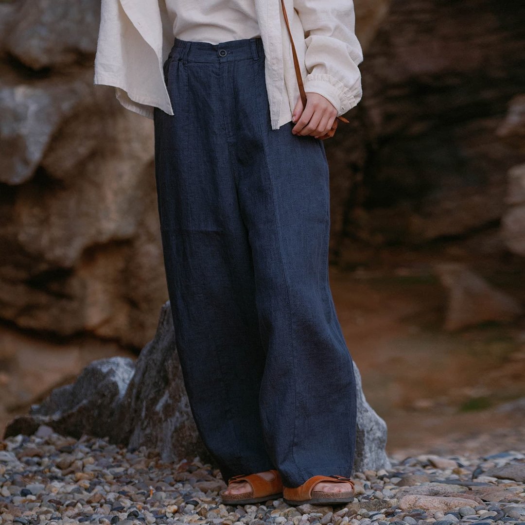 灰藍色 亞麻半松緊腰休閒長褲 錐形褲闊腿寬褲 - 女装长裤 - 棉 蓝色