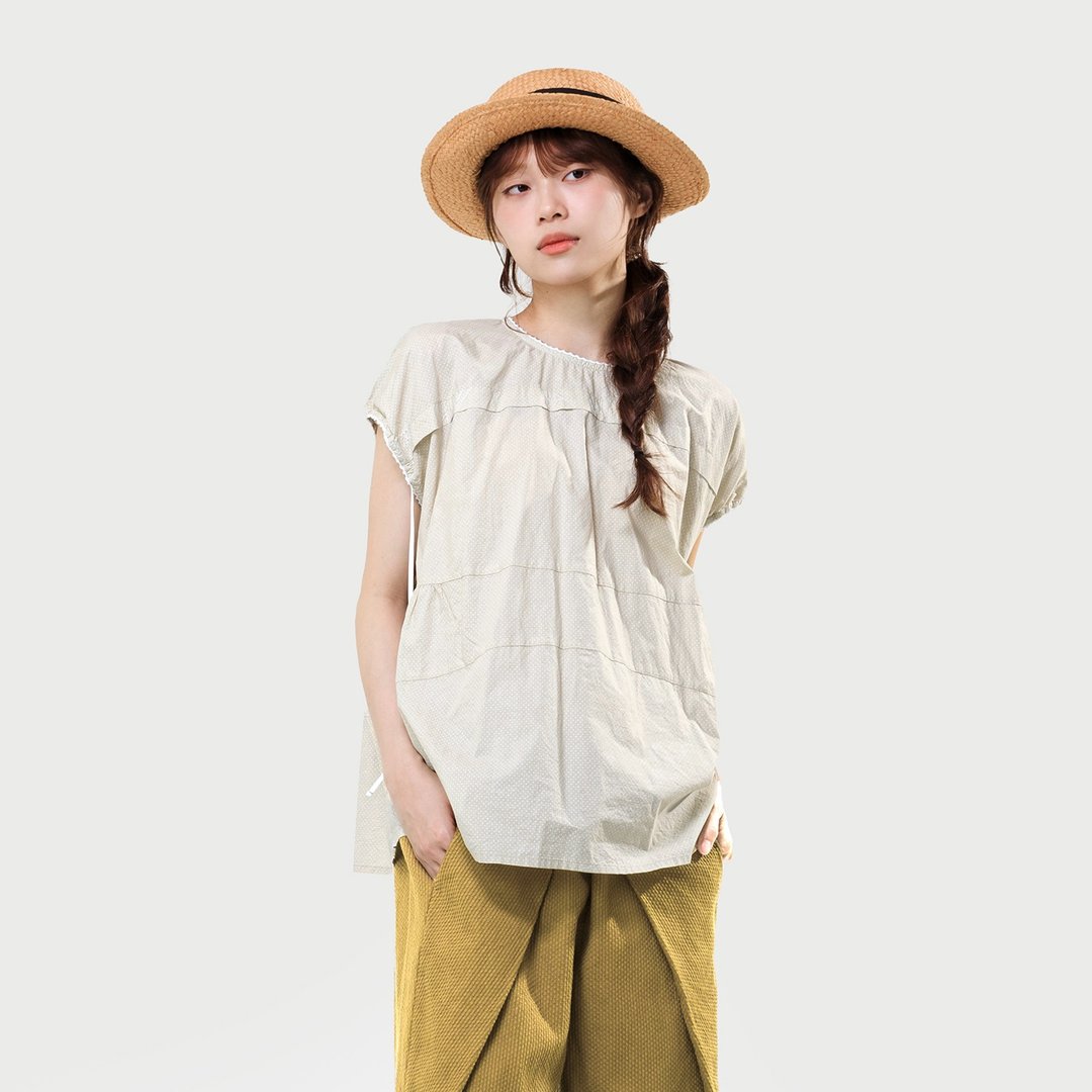 蕾丝花边细点点小盖袖上衣 - 女装上衣 - 棉 卡其色