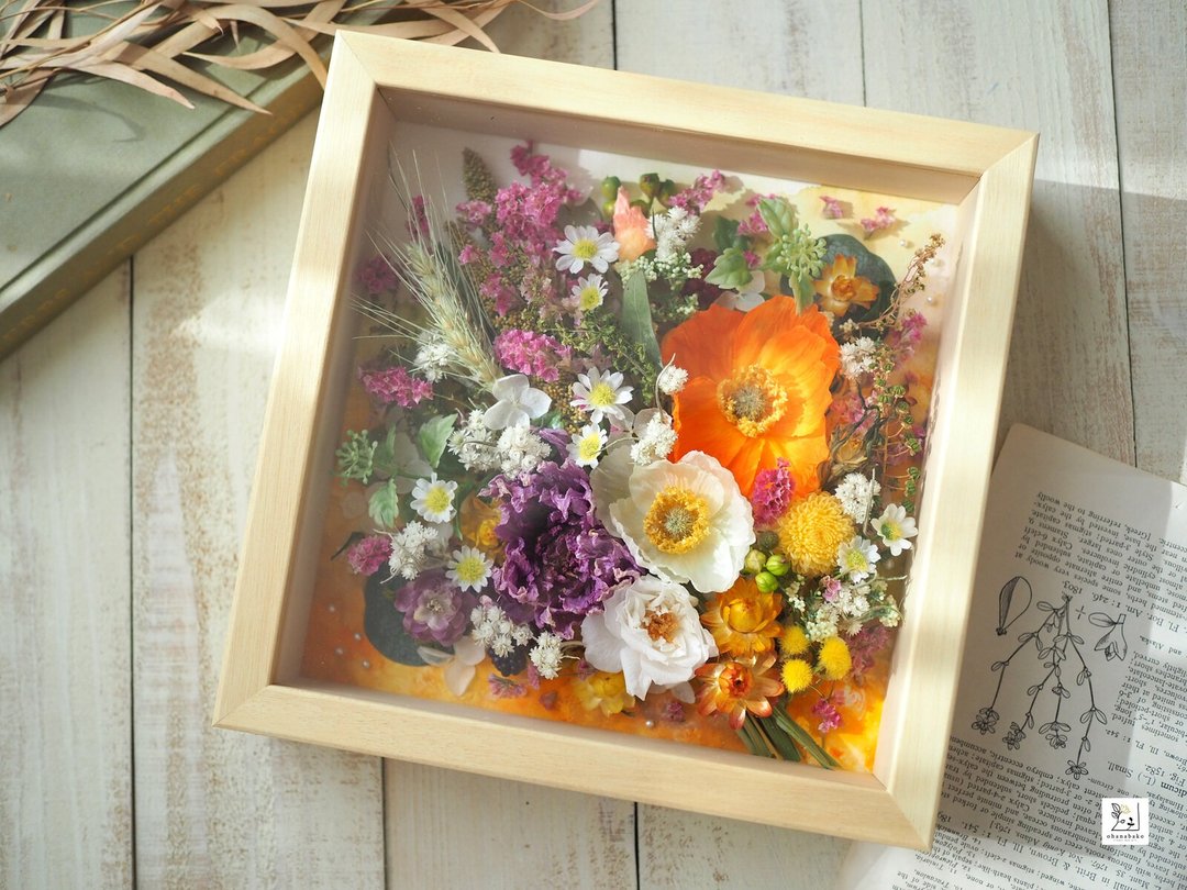 橙绿黄紫花束 水彩与永生花复合媒材画框 20cm正方 - 干燥花/捧花 - 植物．花 橘色