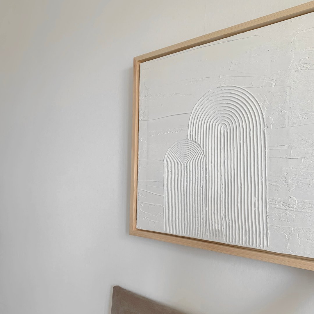 Framed textured white abstract minimalist art 3D painting Sculptural wall decor - 墙贴/壁贴 - 水泥 白色