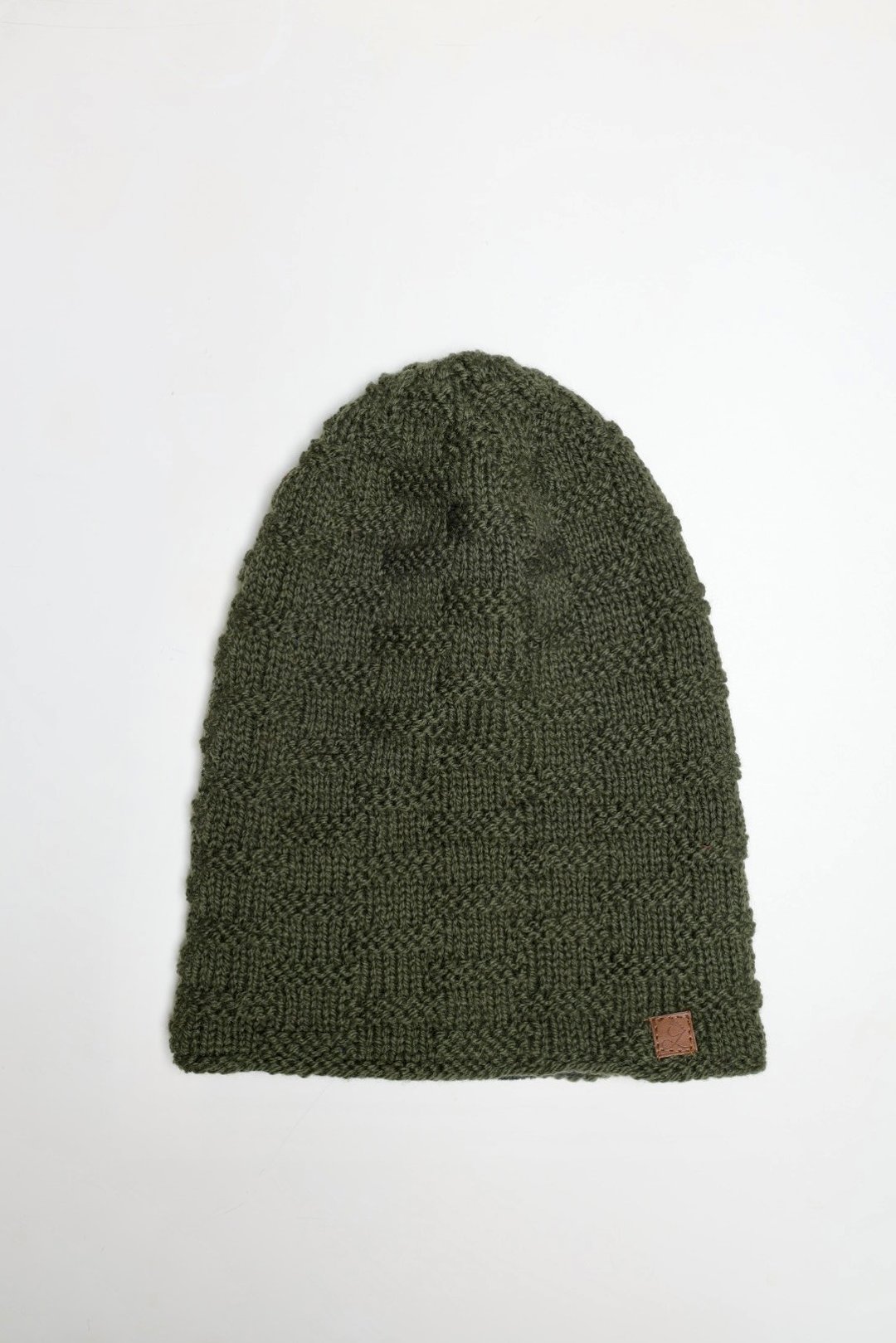 /精品/军绿格纹堆堆帽冷帽细软美丽诺羊毛帽纯羊毛线手工编织半衬 - 帽子 - 羊毛 绿色