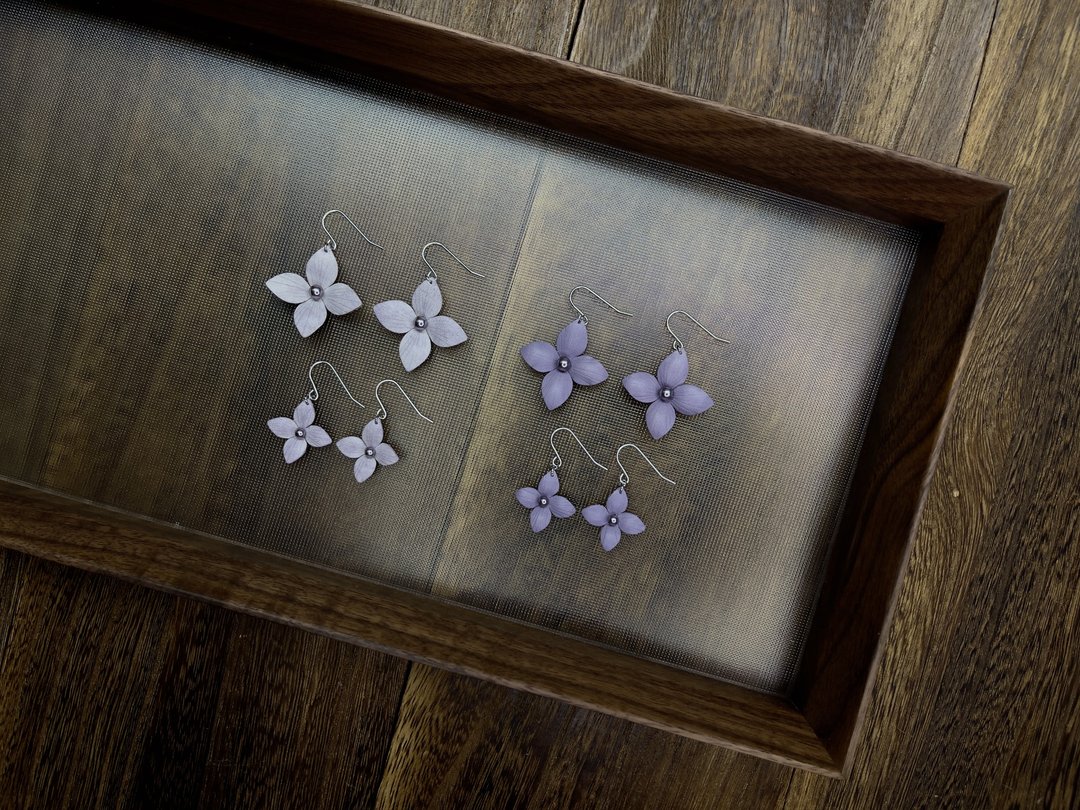皮革丁香花耳环│纯银耳针│纯银耳勾│镀银耳夹款式 - 耳环/耳夹 - 真皮 紫色