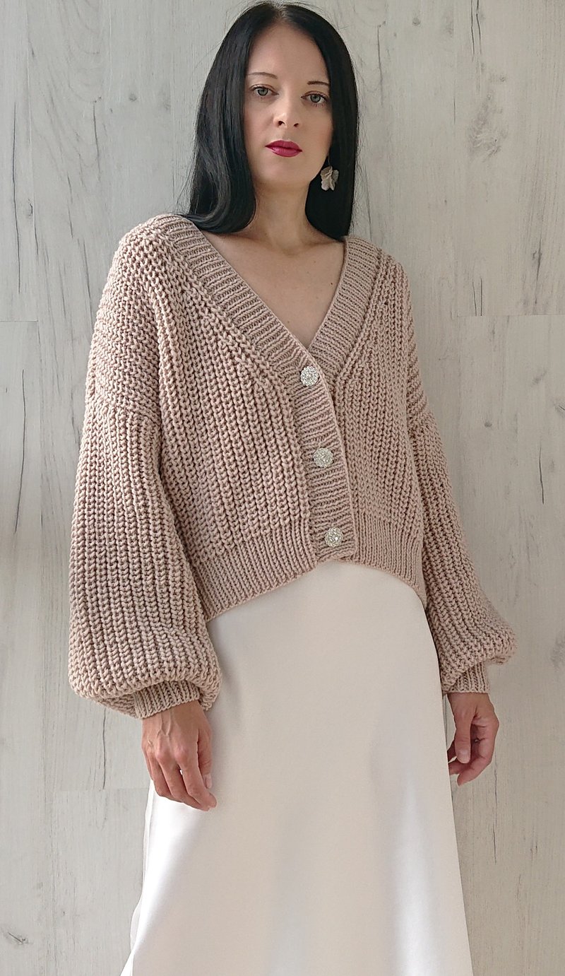 Puff sleeve sweater Loose knit cardigan Long sleeve sweater coat Cropped jacket - 女装针织衫/毛衣 - 羊毛 