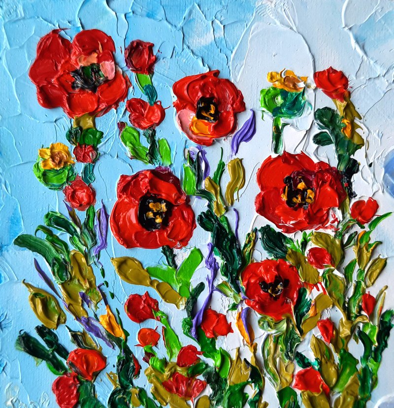 Poppy Painting Floral Original Art Texas Painting Impasto Oil 3 *3in byOlgaShe - 海报/装饰画/版画 - 其他材质 红色