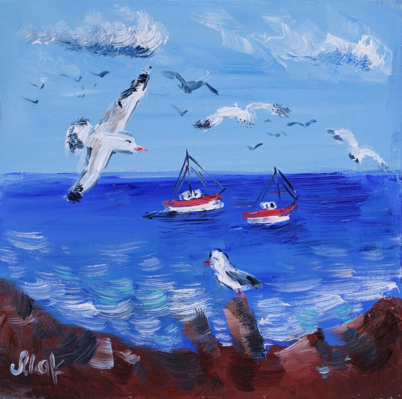 Gull Oil Painting Puerto Rico Original Art Seagull Fly Bird Artwork Seascape Art - 海报/装饰画/版画 - 其他材质 蓝色