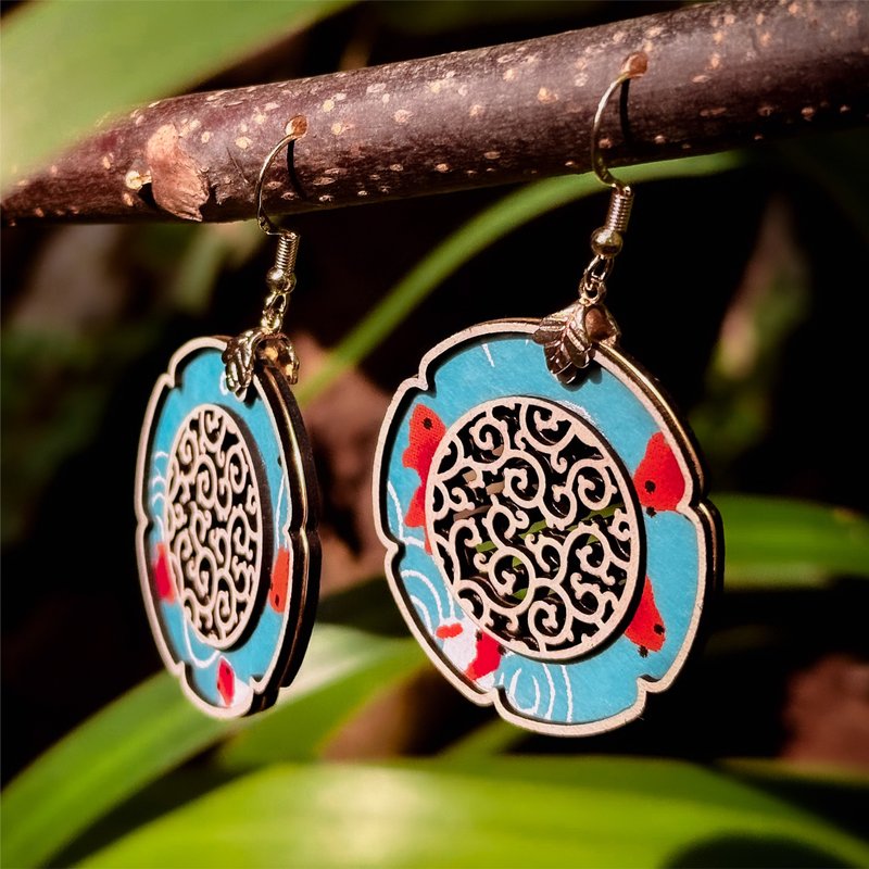 【日花格纸】唐草-木格镂空窗花和纸垂吊大耳环 - 耳环/耳夹 - 木头 