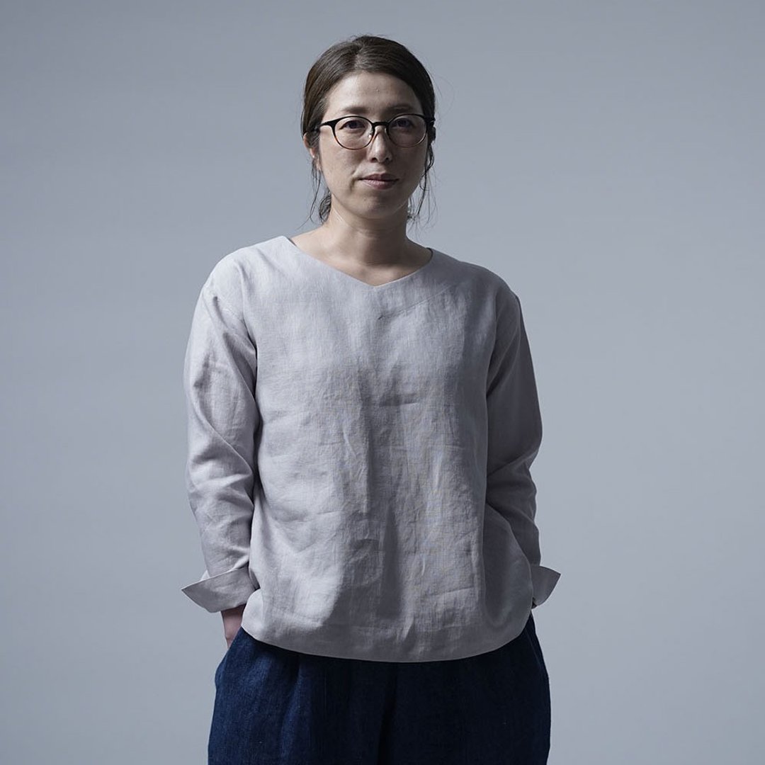 wafu --Flax Linen top with tie strap / t025h-hzk1 - 女装衬衫 - 棉 灰色