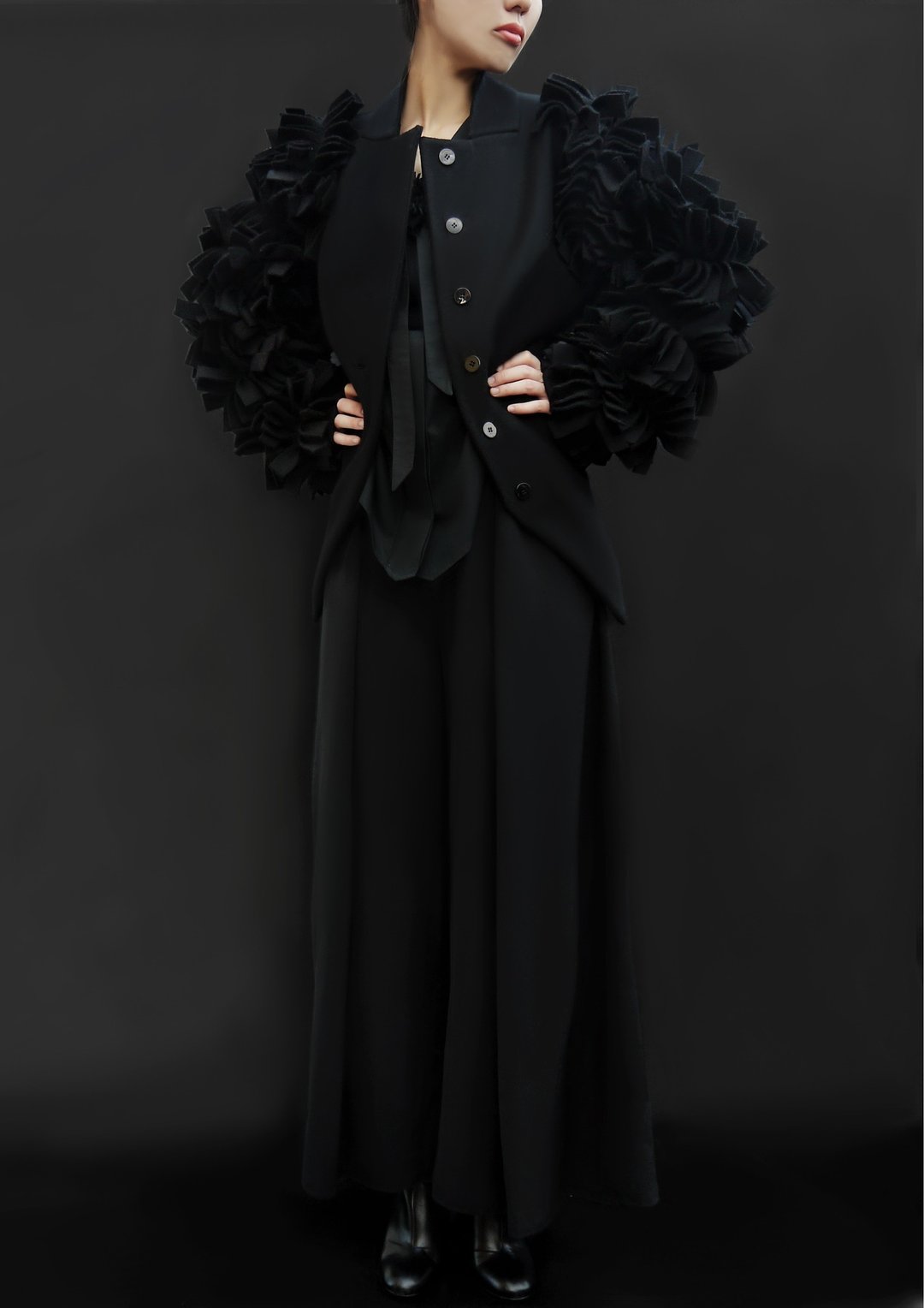 Petals Sleeves Jacket / 100% Wool /  Made in Japan - 女装休闲/机能外套 - 羊毛 黑色