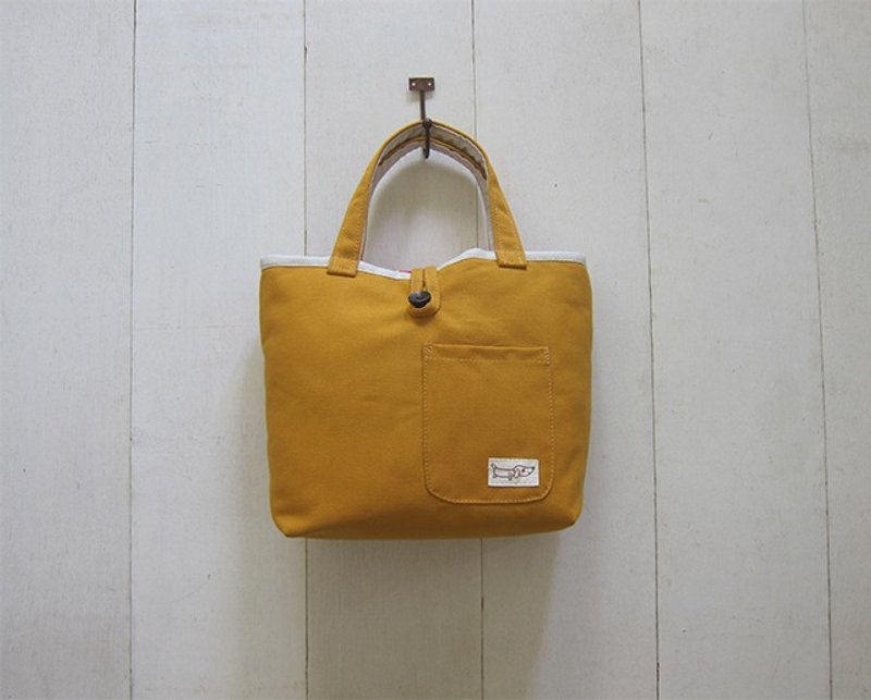 马卡龙系列-帆布小号托特包 土黄 + 米色 (木扣开口+外小口袋) - 手提包/手提袋 - 棉．麻 咖啡色