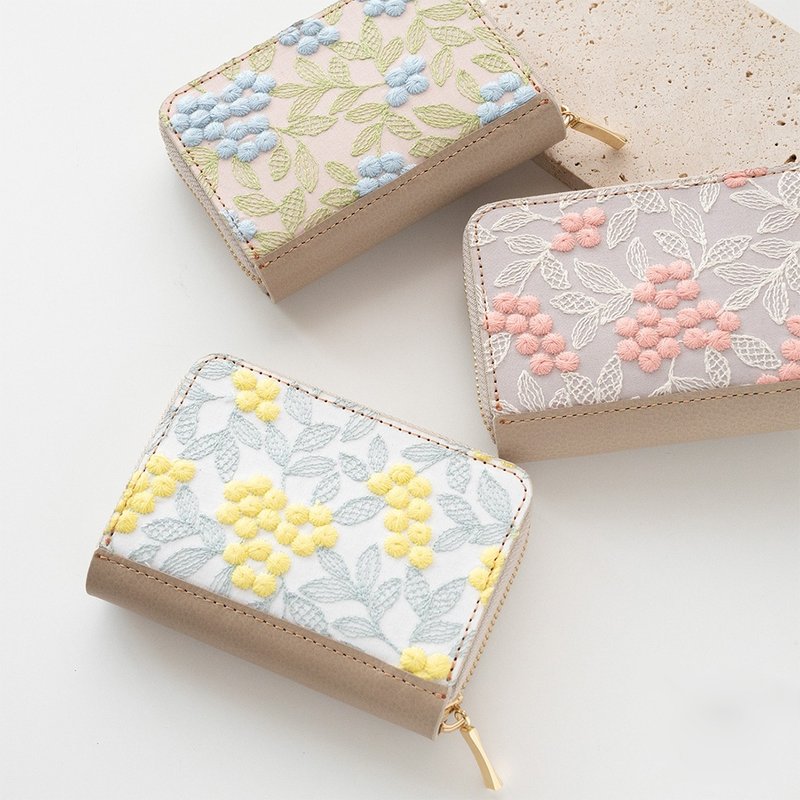 纸币不折叠 含羞草刺绣 荔枝纹真皮短夹 HW59K - 皮夹/钱包 - 棉．麻 黄色