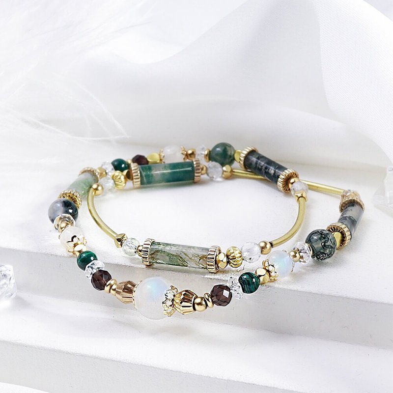 群山之岛 | D12月光石水草玛瑙双圈手链 - 手链/手环 - 宝石 绿色