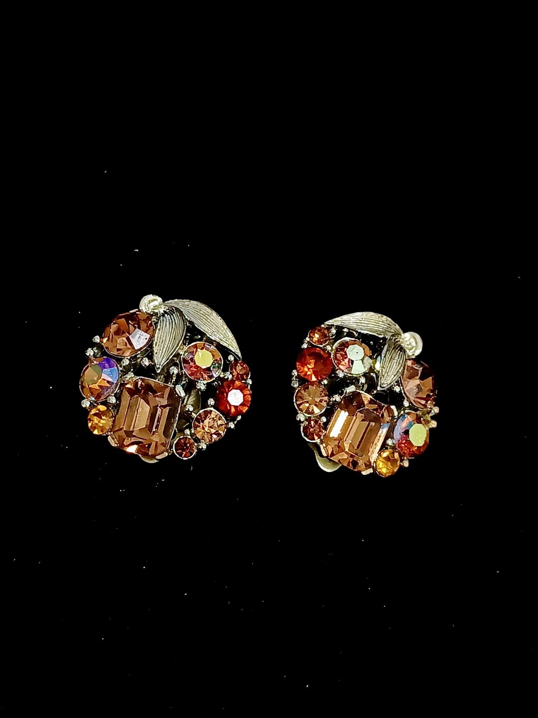 vintage jewelry  LISNER 棕色极光莱茵圆形花卉 夹式耳环 - 耳环/耳夹 - 其他金属 