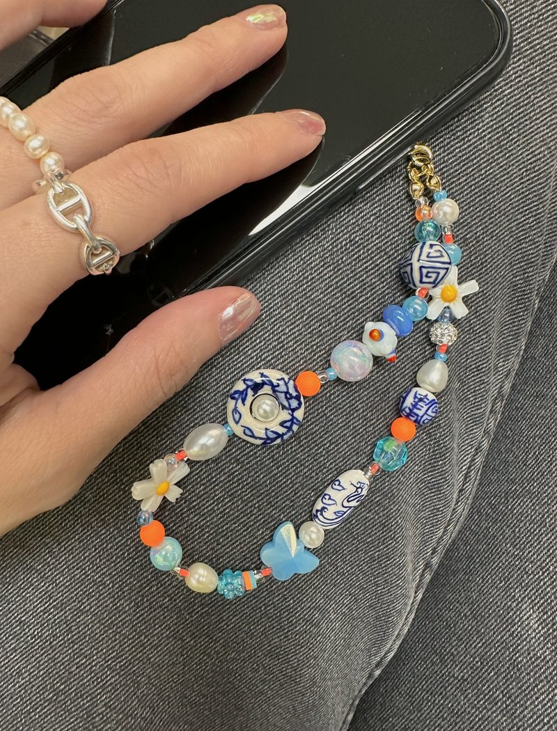 【精选】青花瓷 中式 贝珠 贝母 淡水珍珠电话绳 Y2K 中式复古 - 挂绳/吊绳 - 珍珠 蓝色