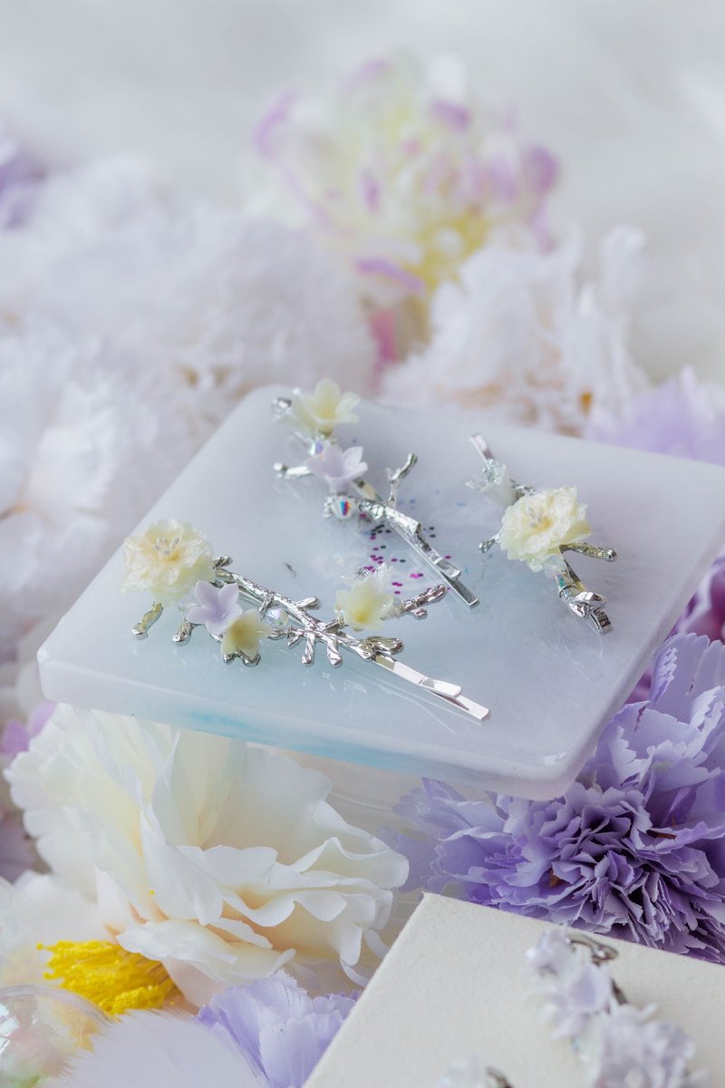 POM POM:雪牡丹花镀银发夹套装可客制化- Pamycarie 手工制作饰品 - 发饰 - 粘土 紫色
