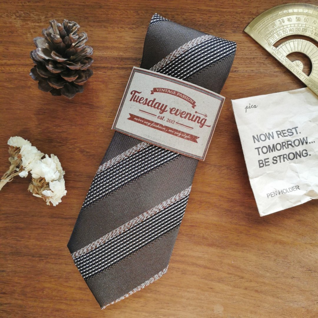 Necktie Vintage Royal Brown with Stripe | 8cm - 领带/领带夹 - 聚酯纤维 咖啡色