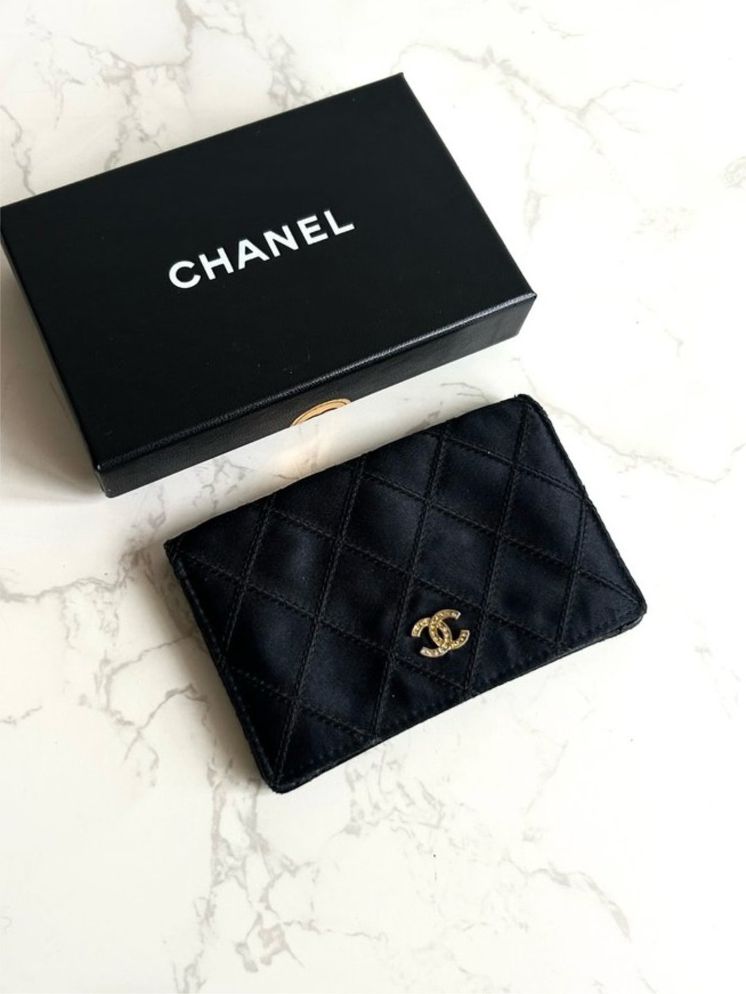 稀有 Chanel 黑金色丝绢水钻短夹 钱包 中夹 卡片包 皮革包 中古包 - 皮夹/钱包 - 真皮 黑色