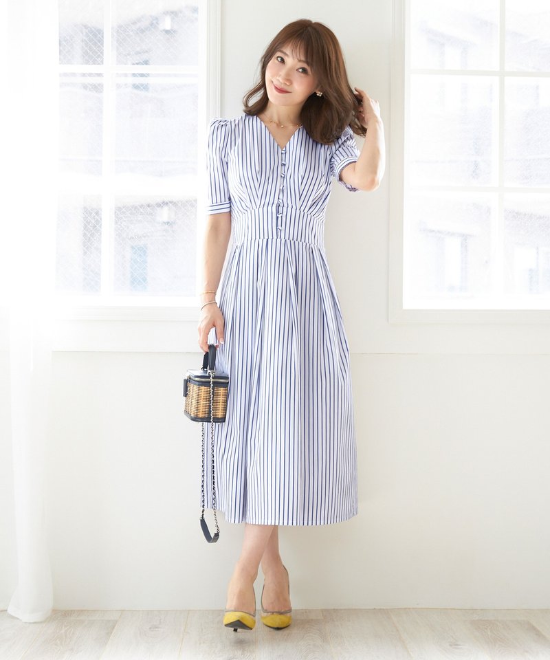 One Piece Stripe Fit Flare Design / Liala x PG - 洋装/连衣裙 - 棉．麻 蓝色