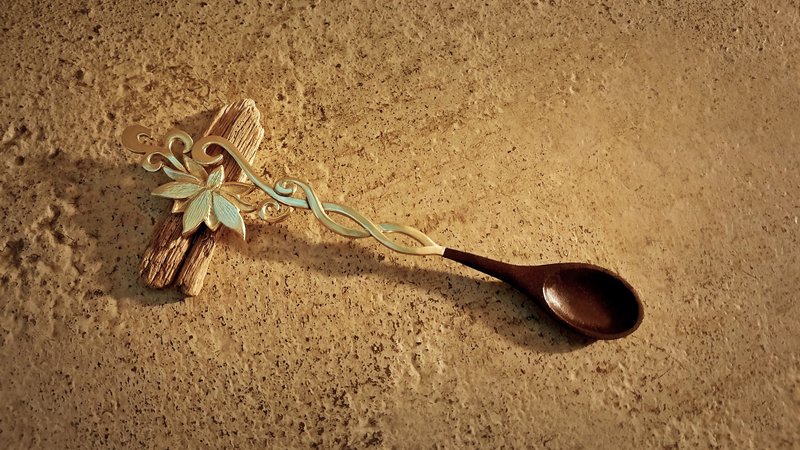 祥莲搅拌匙|双面雕刻|红木|黄铜|器物||摆件|食器|工艺品|收藏品| - 摆饰 - 其他材质 金色