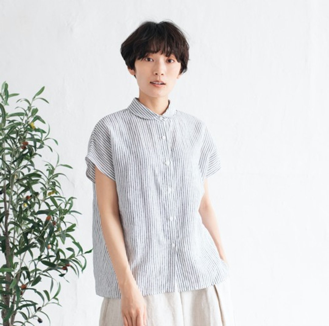 展现清爽感的圆领衬衫 法国亚麻100 条纹衬衫220608-1 - 女装上衣 - 棉 
