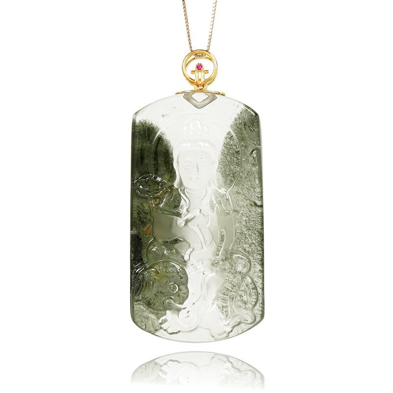 【正佳珠宝】绿幽灵 超顶级双聚宝盆 普贤菩萨 28.3g 绿幽灵吊坠 - 项链 - 半宝石 多色