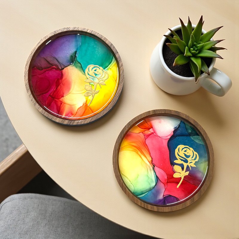 酒精墨水艺术胡桃木杯垫套装 (E) - 杯垫 - 其他材质 多色