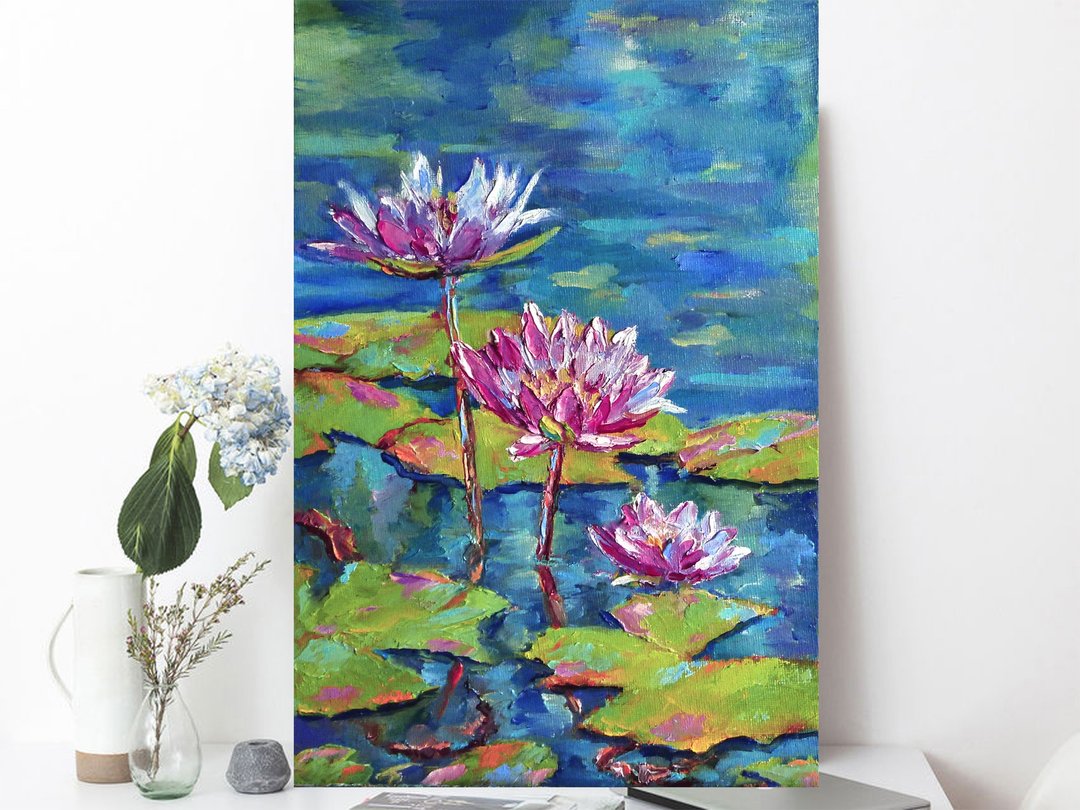 用荷花绘画 - 粉红色睡莲画在画布上 - 原创艺术 - 莲花艺术品 - 海报/装饰画/版画 - 棉 多色