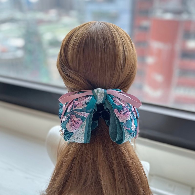 独家蕾丝蝴蝶结鲨鱼夹相交夹马尾夹发夹发饰-蓝绿色+粉色 - 发饰 - 其他材质 绿色