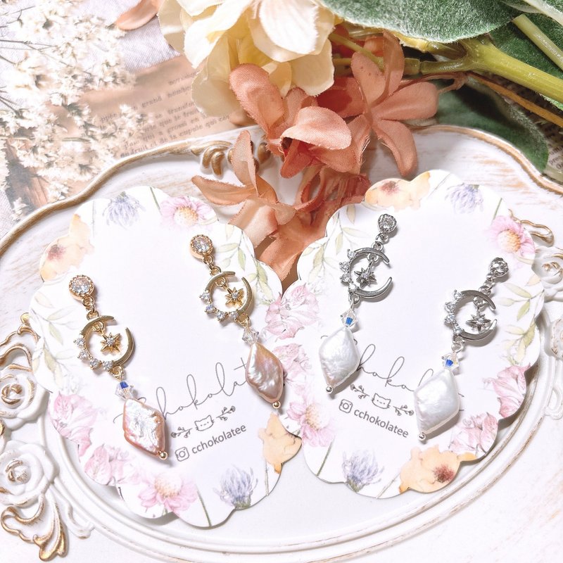 Swarovski x 菱形淡水珍珠耳钉 Freshwater Pearl - 耳环/耳夹 - 珍珠 粉红色