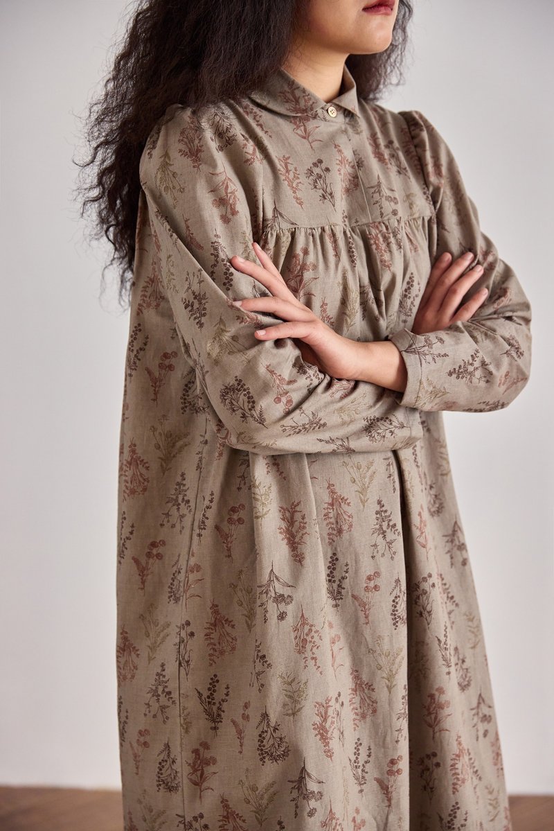 日本进口面料棉麻印花复古泡泡袖娃娃领宽松连身裙 - 洋装/连衣裙 - 棉．麻 卡其色