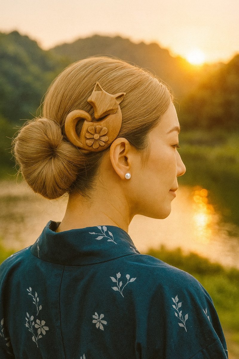 月待菊狐 木制簪子 发簪　Kanzashi Wooden Hairpin - 发饰 - 木头 咖啡色
