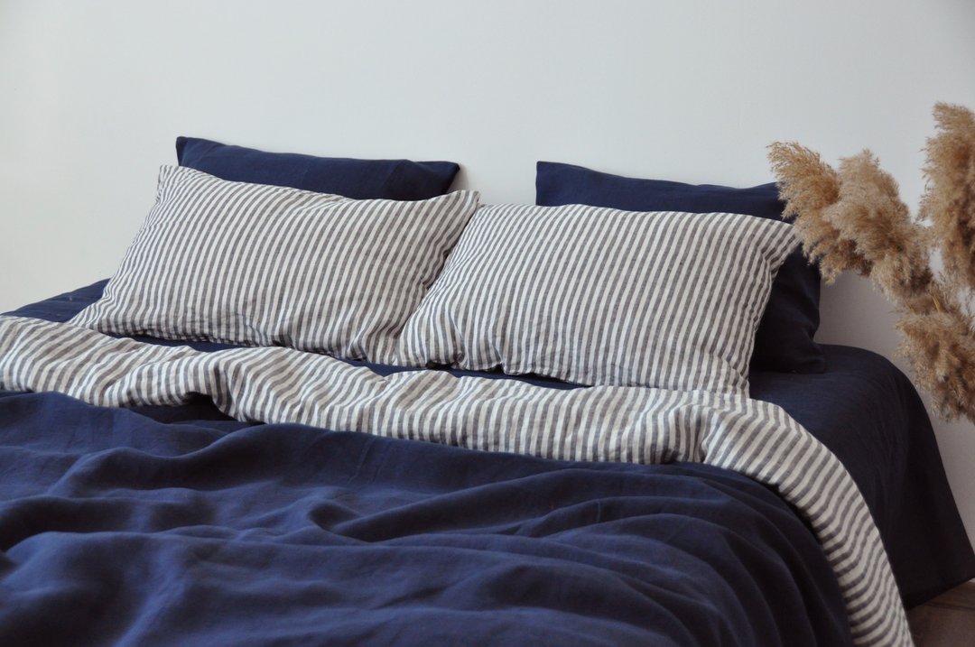 Navy double-sided linen duvet cover / Softened linen / Comforter cover - 寝具 - 亚麻 蓝色