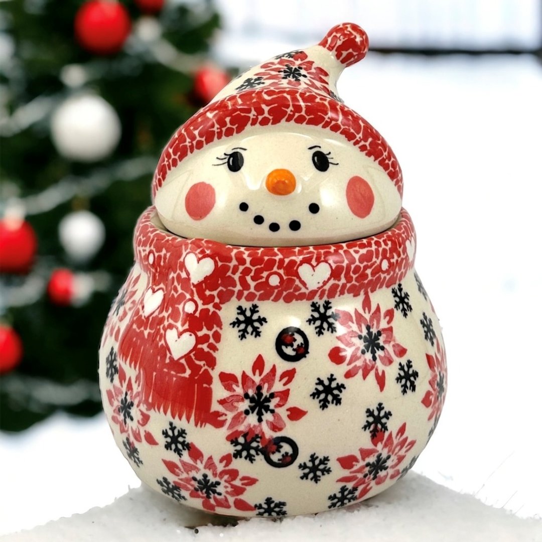 波兰手绘手工陶-雪人收纳罐 (小) 15cm 圣诞雪花系列(红) 入门款 - 收纳用品 - 陶 红色