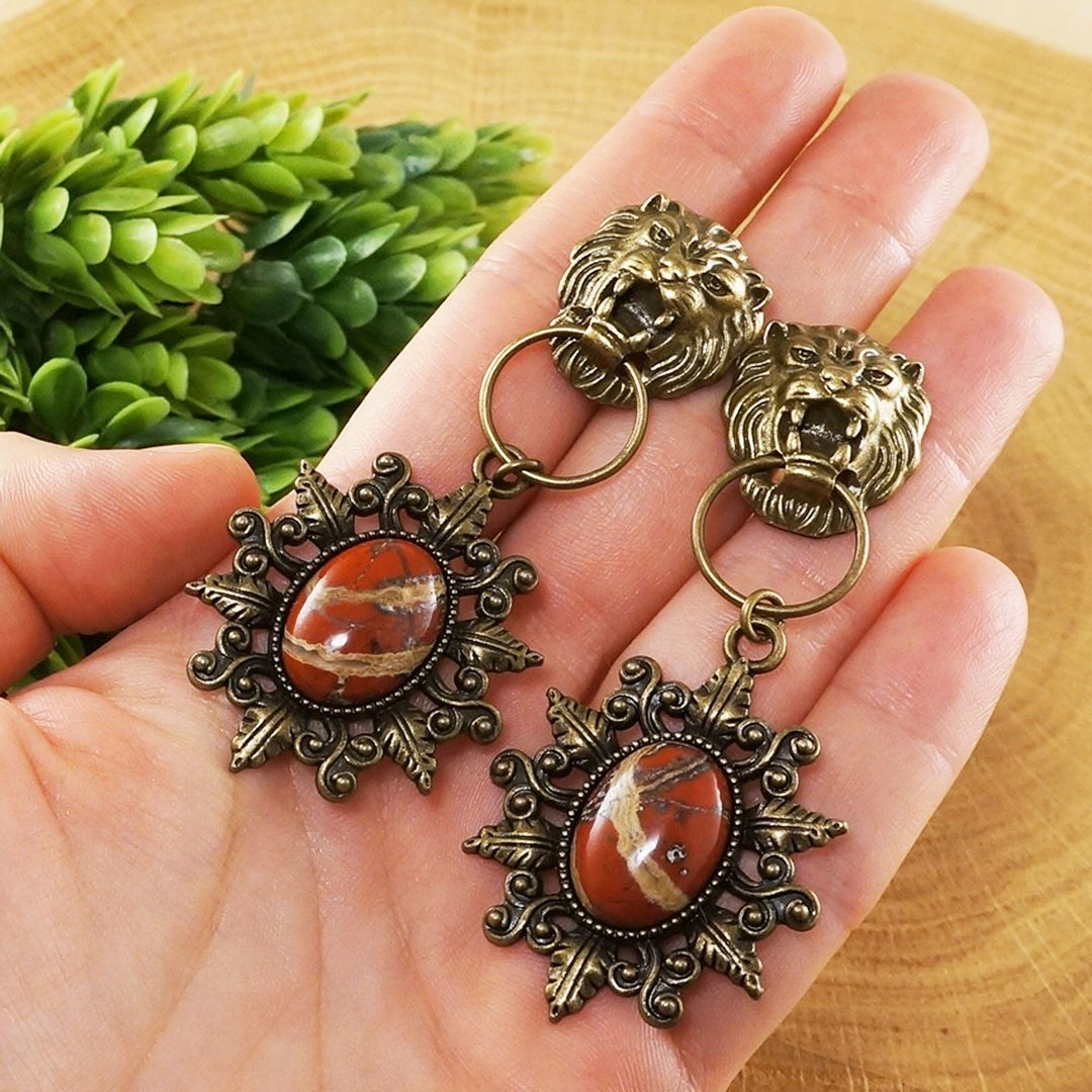 Lion Head Red Jasper Leo Earrings Large Long Bronze Terracotta Earrings Jewelry - 耳环/耳夹 - 半宝石 红色