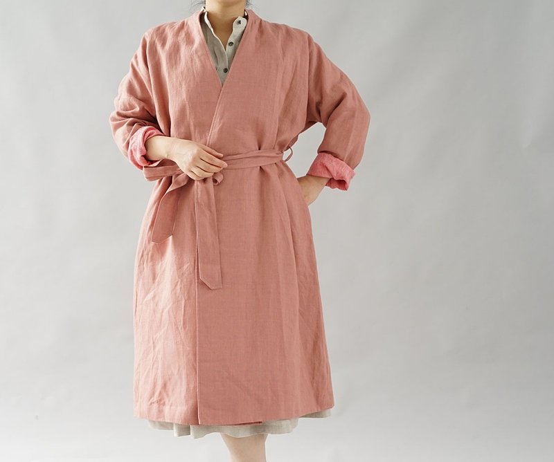 Wafu +  warm linen stand color collar gown coat lined / empire rose b23-29 - 女装休闲/机能外套 - 棉 粉红色
