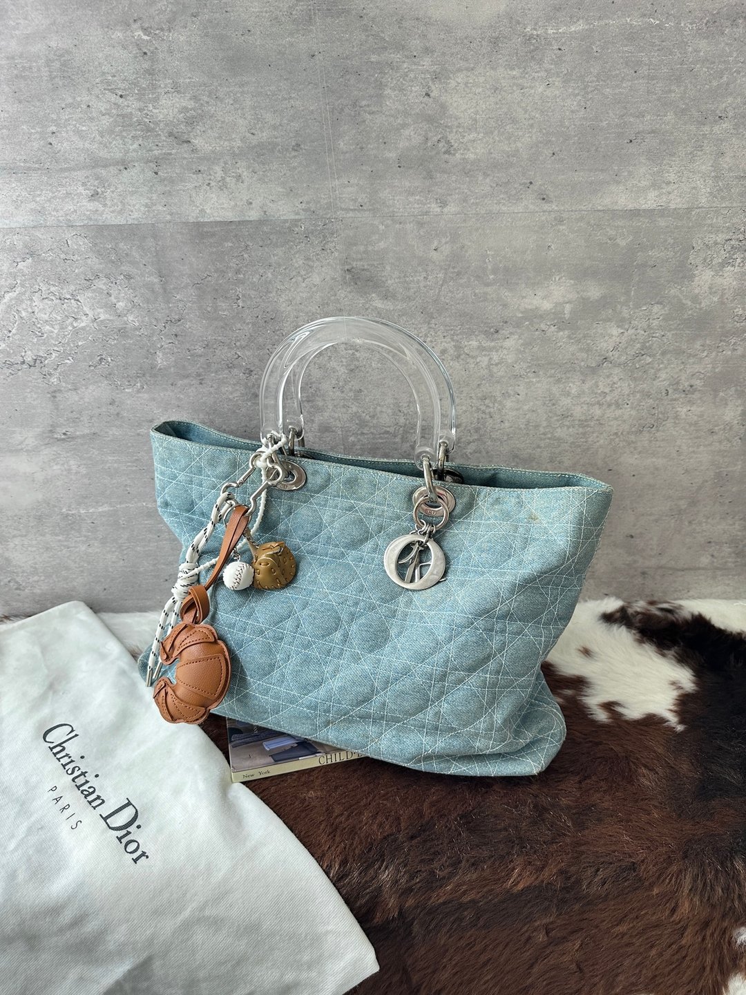 中古包 DIOR 迪奥 浅蓝牛仔 Lady Dior 托特包 - 手提包/手提袋 - 棉 蓝色