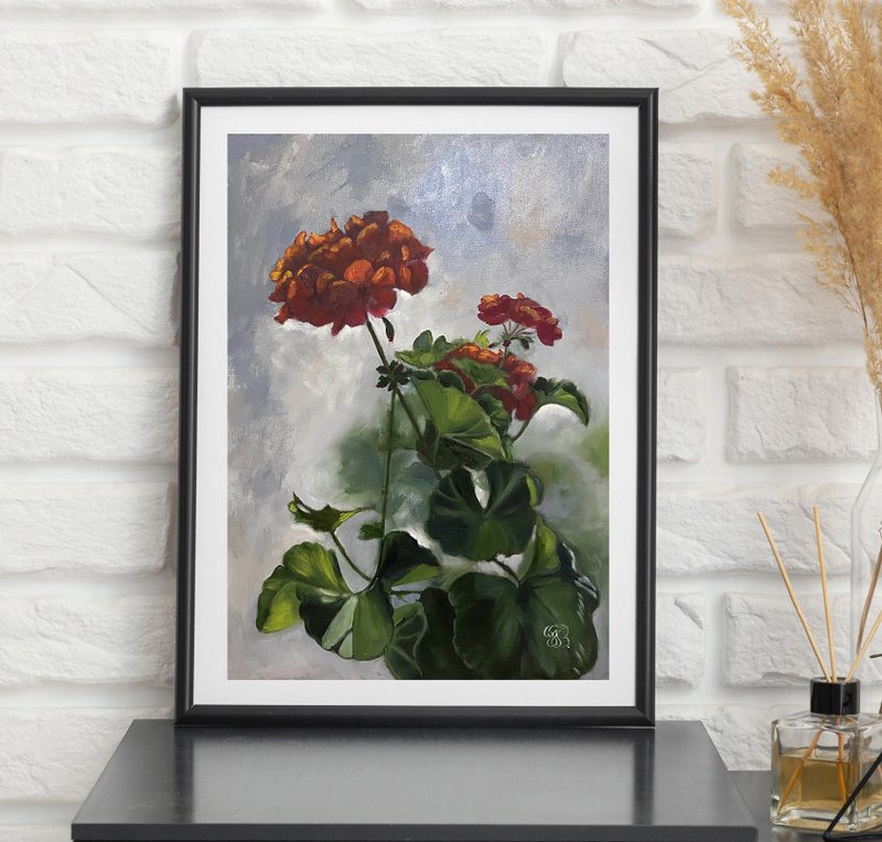 红色天竺葵花写实花卉原创油画 40 x 30 厘米 - 墙贴/壁贴 - 纸 红色