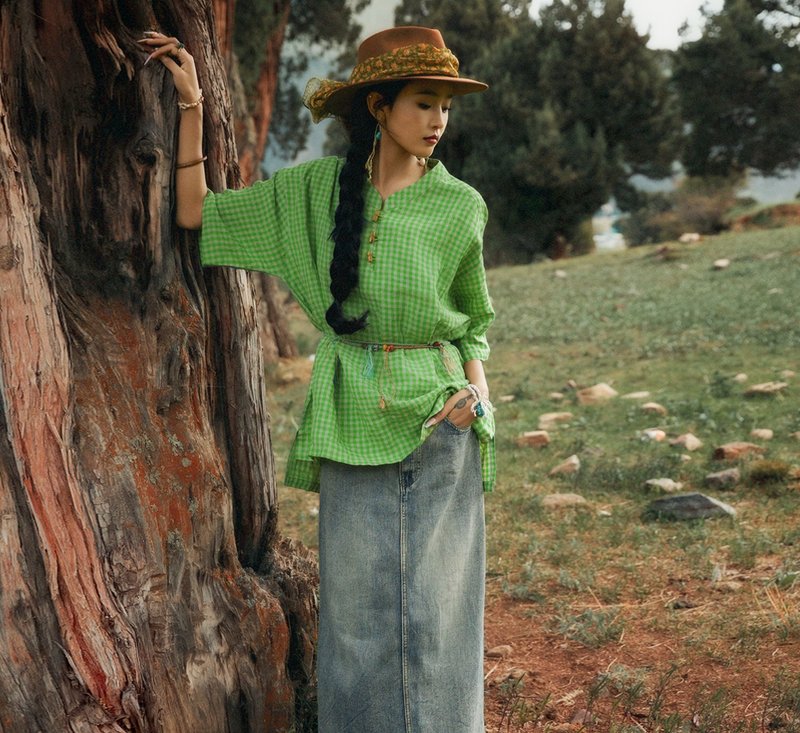 【青稞 自然共生】美拉德游牧/藏族元素/砂洗肌理上衣 - 女装上衣 - 其他材质 绿色