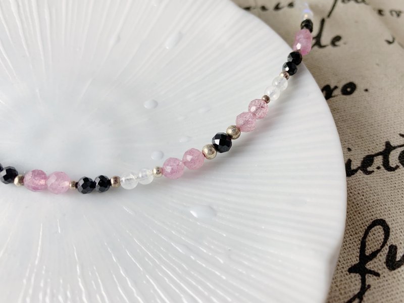 MH纯银天然石_草莓晶_黑尖晶石 - 手链/手环 - 半宝石 粉红色