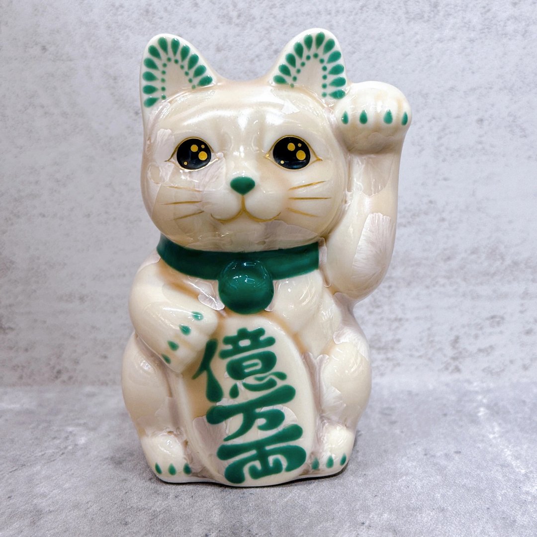 【绿点萌喵】日本清水烧招财猫 | 花结晶 杏 亿万両 左 特小 - 摆饰 - 瓷 卡其色