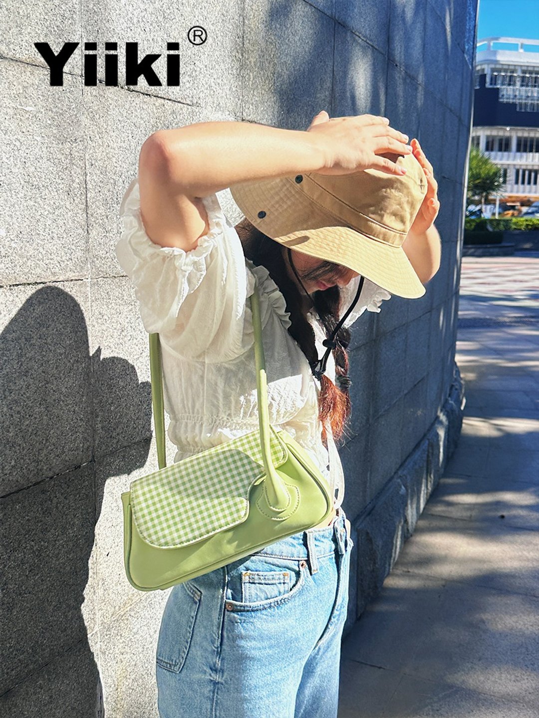 蜜瓜包包 經典綠色格纹腋下包 单肩包 不对称肩带 小衆設計 - 手提包/手提袋 - 人造皮革 绿色