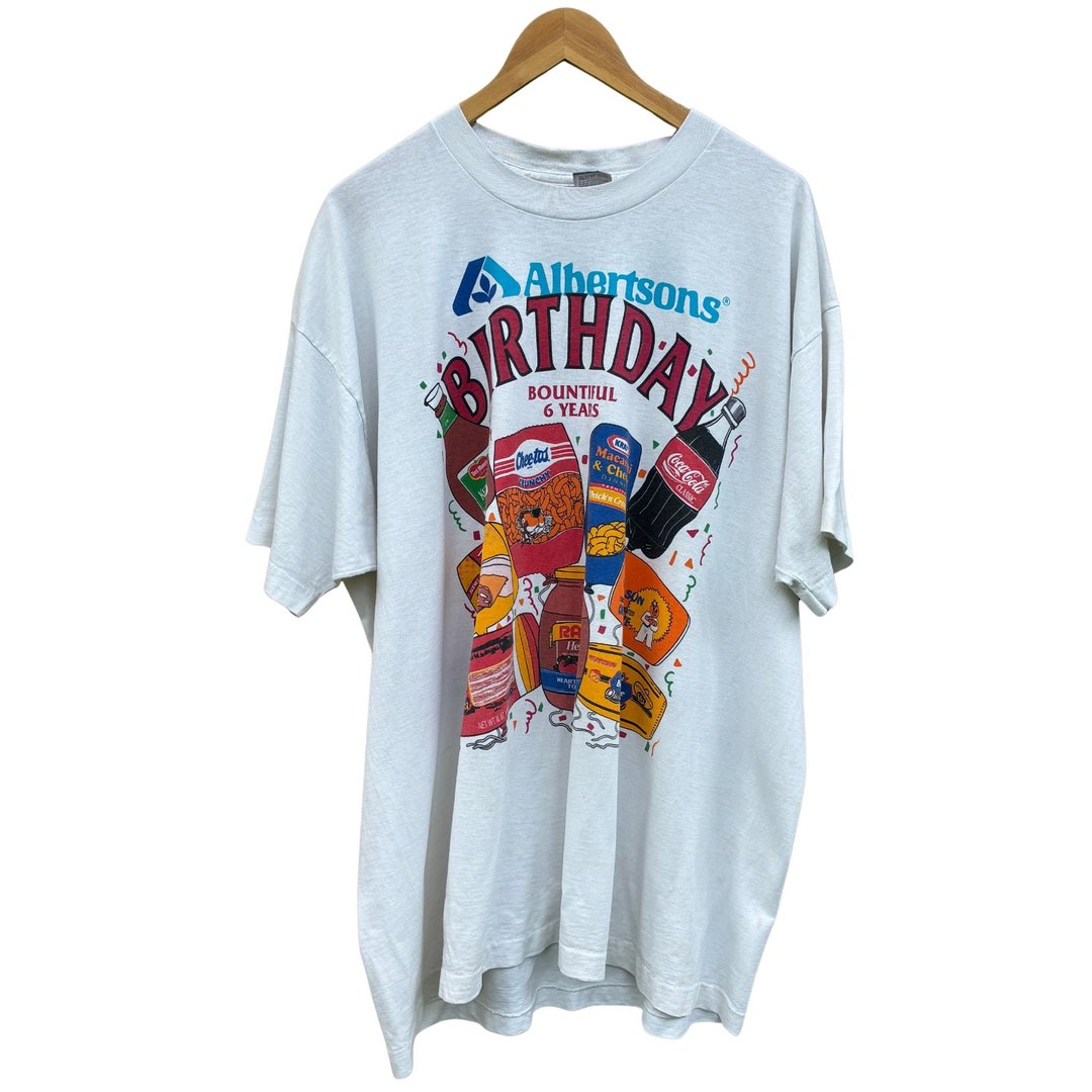 复古 90 年代 Albertson 生日 T 恤 单针织造 美国制造 杂货店 - 男装上衣/T 恤 - 棉 白色