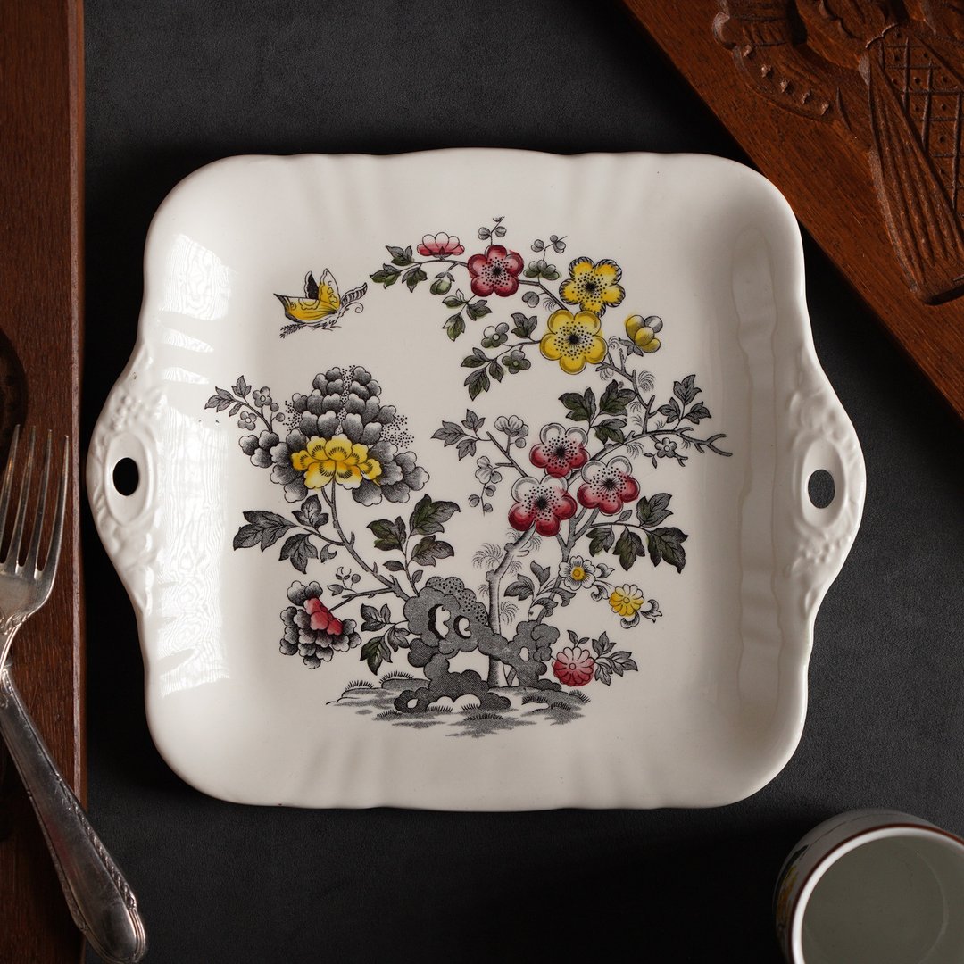 1940's英国Mason's Manchu系列手工上色樱花树双耳方盘/老件 - 盘子/餐盘/盘架 - 瓷 多色