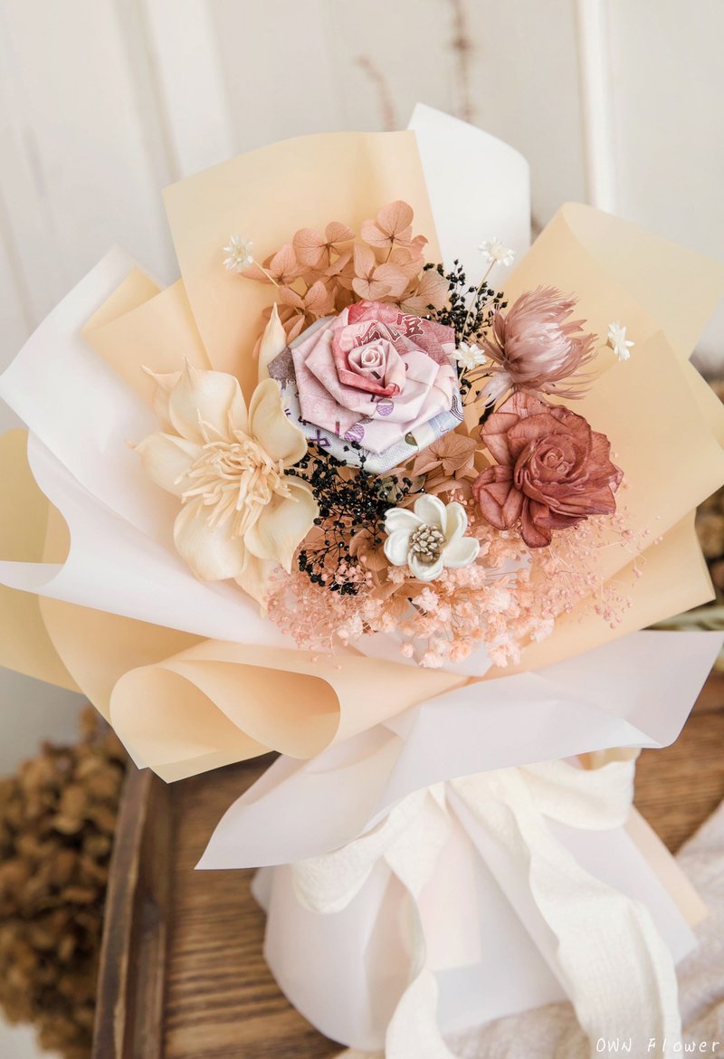 纸钞花束/钞票花束/小花束/有钱花/钱花束/生日礼物/ 生日花束/花 - 干燥花/捧花 - 植物．花 橘色