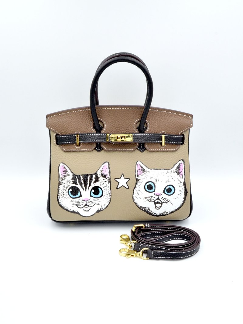 TIMBEE LO X GOOKASO 设计师手绘猫咪图案头层拼色牛皮手袋 包包 - 手提包/手提袋 - 真皮 卡其色