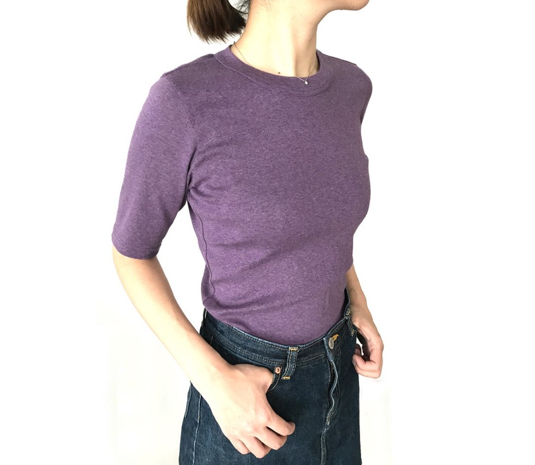 Made in Japan Organic cotton 4-quarter sleeve T-shirt stuck to shape ASH PURPLE - 女装 T 恤 - 棉 紫色