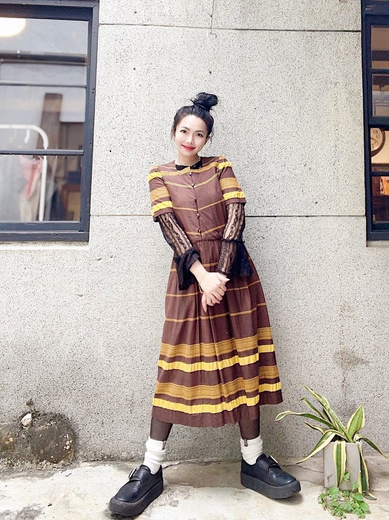 拿铁x亮黄色方领横条棉薄料 长裙洋装连身裙古着ドレスDress - 洋装/连衣裙 - 棉．麻 多色