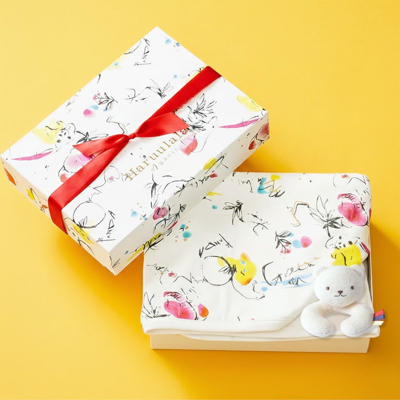 日本 弥月礼 满月礼【婴儿毯 熊摇铃 礼盒】有机棉 定制 - 满月礼盒 - 棉．麻 白色